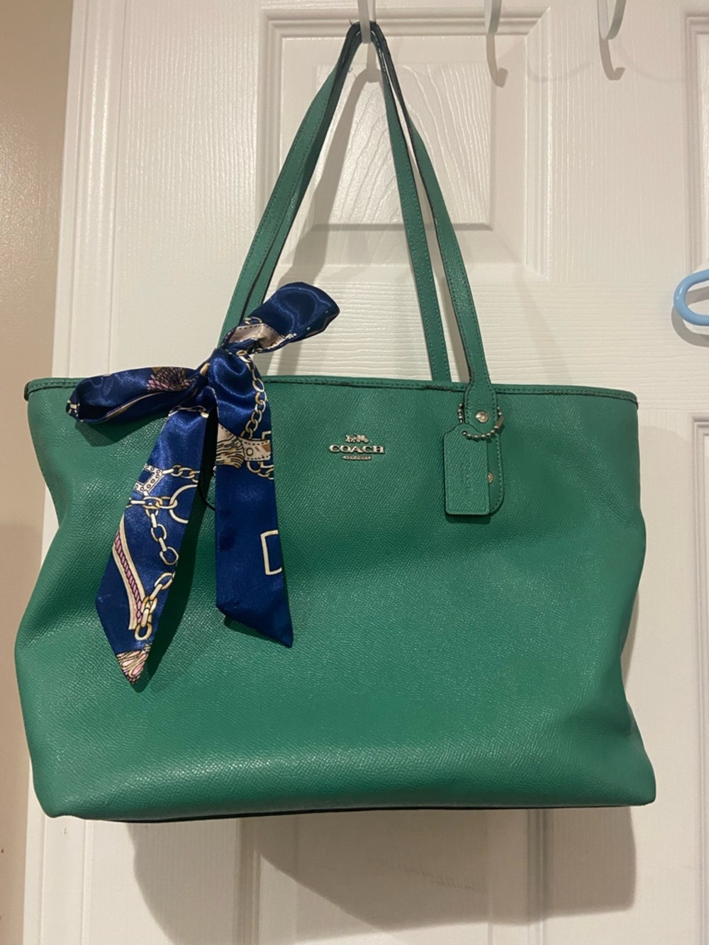 Coach Emerald Green Leather Tote with Navy Scarf Accent